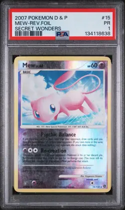 2007 POKEMON DIAMOND & PEARL SECRET WONDERS #15 MEW-REVERSE FOIL PSA 1 - Image 1