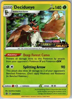 Pokemon Card Decidueye SWSH035 Darkness Ablaze Prerelease Promo - Near Mint - Image 1