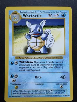 Pokemon Card Shadowless - Wartortle 42/102 NEAR MINT +. Stage 1. 1999 PHOTOS - Image 1