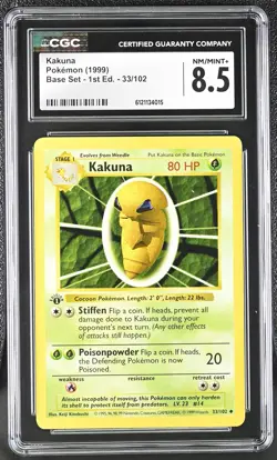 CGC 8.5 Kakuna 1999 Base Set Shadowless 1st Edition 33/102 Pokemon Card - Image 1