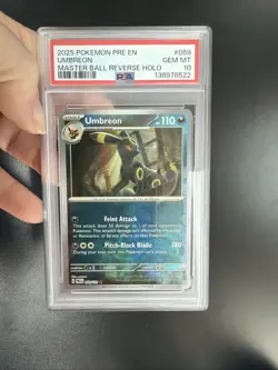2025 POKEMON PRE EN-PRISMATIC EVOLUTIONS MASTER BALL REVERSE HOLO UMBREON PSA 10 - Image 1