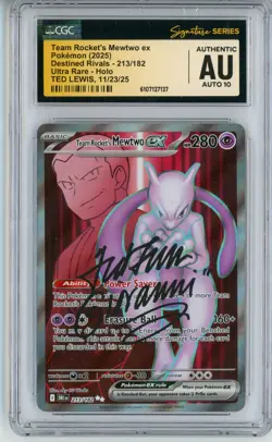 CGC Auto 10 Signed Ted Lewis Pokemon TCG Team Rocket's Mewtwo ex 213/182 (2025) - Image 1