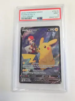 POKEMON TCG SWORD & SHIELD LOST ORIGIN #TG16 PIKACHU V PSA 9 GRADED - Image 1