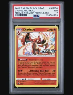 2019 POKEMON SM BLACK STAR PROMO SM158 CHARIZARD-HOLO TEAM UP PRERELEASE Psa 7 - Image 1