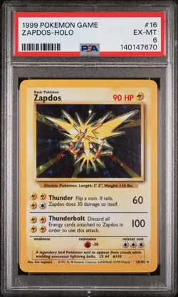 1999 POKEMON BASE SET UNLIMITED #16 ZAPDOS-HOLO PSA 6 - Image 1