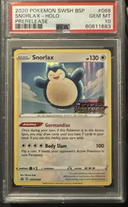 2020 Pokemon SWSH BSP #068 SNORLAX-HOLO PRERELEASE PSA GEM MT 10 - Image 1