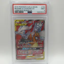 2019 POKEMON SUN & MOON UNBROKEN BONDS FULL ART/RESHIRAM & CHARIZARD GX PSA 9 - Image 1