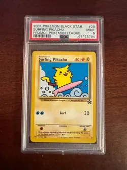 Pokemon League Black Star Surfing Pikachu Promo #28 PSA9 Cert # 68473794 - Image 1
