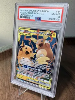 Pokemon Raichu & Alolan Raichu GX 54/236 Unified Minds PSA 8 Ultra Rare Holo - Image 1