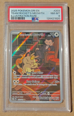 2025 Pokemon DRI EN Team Rockets's Meowth #203 PSA 8 NM-MT - Image 1