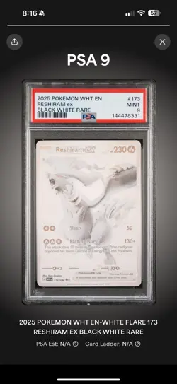 2025 Pokemon WHT En White Flare Reshiram Ex Black White Rare #173 PSA 9 Mint - Image 1
