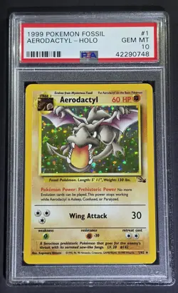1999 Pokemon Fossil Unlimited Card Holo Aerodactyl Fossil PSA 10 1/62 - Image 1