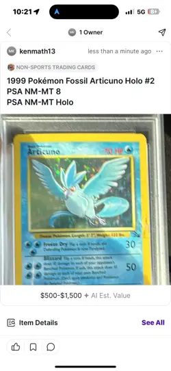Pokemon ARTICUNO 2/62 Holo Rare Fossil PSA 8 Graded NM - MT - Image 1