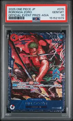2025 ONE PIECE JPN PROMOS OFFICIAL EVENT PRIZE-ASIA #015 RORONOA ZORO PSA 10 - Image 1