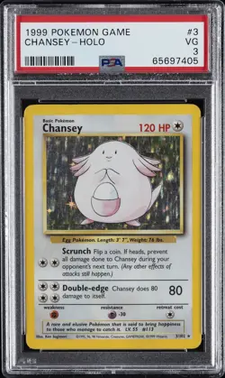 1999 POKEMON BASE SET UNLIMITED #3 CHANSEY-HOLO PSA 3 - Image 1