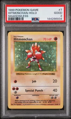 1999 POKEMON BASE SET SHADOWLESS #7 HITMONCHAN-HOLO PSA 2 - Image 1