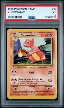 1999 POKEMON BASE SET UNLIMITED #24 CHARMELEON PSA 3 - Image 1