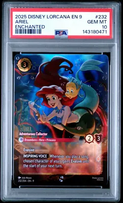2025 DISNEY LORCANA EN 9-FABLED ENCHANTED ARIEL - ADVENTUROUS COLLECTOR PSA 10 - Image 1