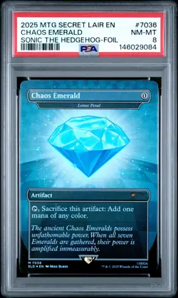 2025 MTG SECRET LAIR DROP SONIC THE HEDGEHOG-FOIL #7036 CHAOS EMERALD PSA 8 - Image 1