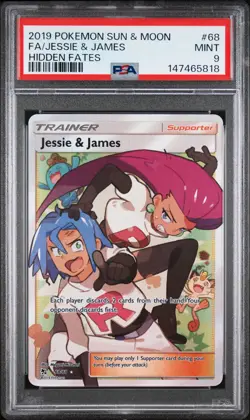 2019 POKEMON SUN & MOON HIDDEN FATES #68 FULL ART/JESSIE & JAMES PSA 9 - Image 1