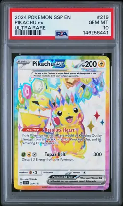 2024 POKEMON SSP EN-SURGING SPARKS ULTRA RARE #219 PIKACHU EX PSA 10 - Image 1