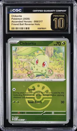 2026 POKEMON ASCENDED HEROES FRIEND BALL REVERSE HOLO CHIKORITA CGC 10 PRISTINE - Image 1