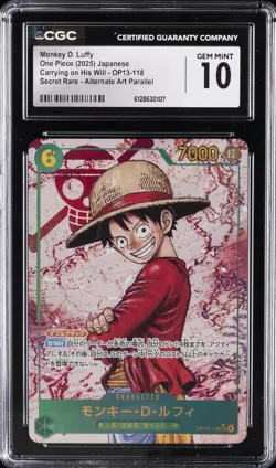 2025 ONE PIECE JPN CARRYING ON HIS WILL ALT ART #OP13-118 MONKEY D. LUFFY CGC 10 - Image 1