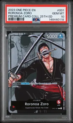2023 ONE PIECE PREMIUM BANDAI CARD COLLECTION 25TH EDITION RORONOA ZORO PSA 10 - Image 1