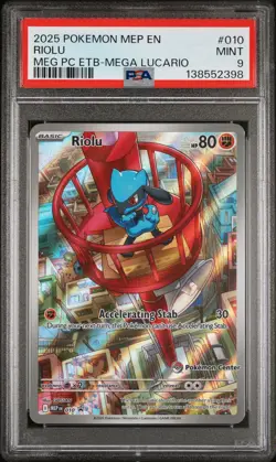 2025 POKEMON MEP MEGA EVOLUTION POKEMON CENTER ETB PROMO #010 RIOLU PSA 9 - Image 1