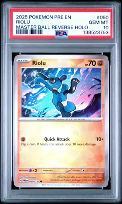 2025 POKEMON PRE EN-PRISMATIC EVOLUTIONS MASTER BALL REVERSE HOLO RIOLU PSA 10 - Image 1