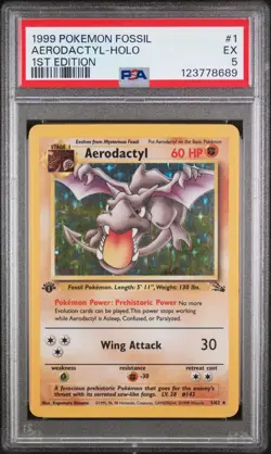 1999 POKEMON FOSSIL 1ST ED #1 AERODACTYL-HOLO PSA 5 - Image 1