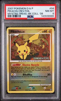 2007 POKEMON DIAMOND & PEARL MYSTERIOUS TREASURES #94 PIKACHU-REVERSE FOIL PSA 8 - Image 1