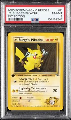 2000 POKEMON GYM HEROES 1ST EDITION #81 LT. SURGE'S PIKACHU PSA 8 - Image 1