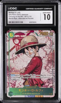 2025 ONE PIECE JPN CARRYING ON HIS WILL ALT ART #OP13-118 MONKEY D. LUFFY CGC 10 - Image 1