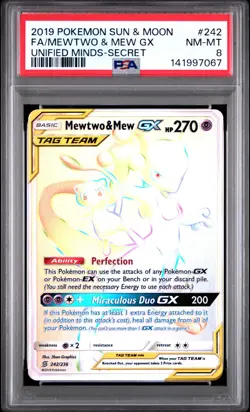 2019 POKEMON SUN & MOON UNIFIED MINDS SECRET #242 FULL ART/MEWTWO & MEW GX PSA 8 - Image 1