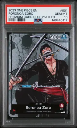 2023 ONE PIECE PREMIUM BANDAI CARD COLLECTION 25TH EDITION RORONOA ZORO PSA 10 - Image 1