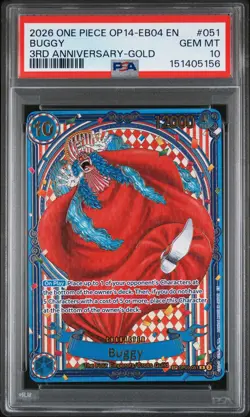 2026 ONE PIECE THE AZURE SEA'S SEVEN 3RD ANNIVERSARY-GOLD #051 BUGGY PSA 10 - Image 1