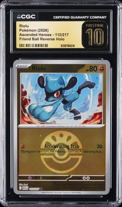 2026 POKEMON ASCENDED HEROES FRIEND BALL REVERSE HOLO #112 RIOLU CGC 10 PRISTINE - Image 1