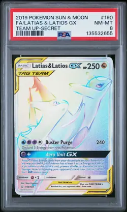 2019 POKEMON SUN & MOON TEAM UP SECRET #190 FULL ART/LATIAS & LATIOS GX PSA 8 - Image 1