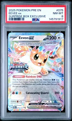 2025 POKEMON PRE EN-PRISMATIC EVOLUTIONS SURPRISE BOX EXCLUSIVE EEVEE EX PSA 8 - Image 1