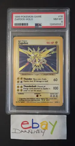 Pokemon 1999 Base Unlimited Zapdos 16/102 HOLO Graded PSA NM-MINT 8 - Image 1