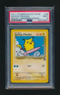 SURFING PIKACHU 2001 POKEMON WOTC BLACK STAR LEAGUE PROMO #28 GRADED PSA 9 MINT - Image 1