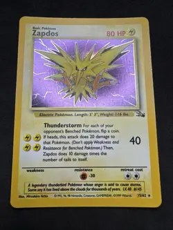 Zapdos Holo Rare Fossil 15/62 Pokemon Card - WOTC 1999 MP - Image 1