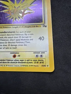 Zapdos Holo Rare Fossil 15/62 Pokemon Card - WOTC 1999 MP - Image 4