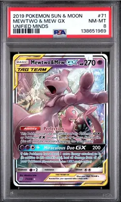 2019 POKEMON SUN & MOON UNIFIED MINDS #71 MEWTWO & MEW GX PSA 8 - Image 1