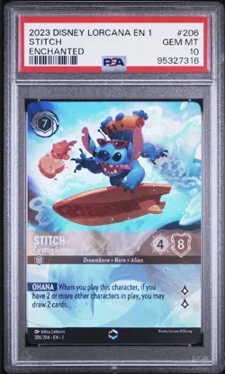 Disney Lorcana PSA 10 Stitch Carefree Surfer Enchanted 206/204 First Chapter EN1 - Image 1