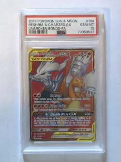 PSA 10 GEM MINT Reshiram & Charizard GX 194/214 FULL ART Pokemon Card CS7-413 - Image 1