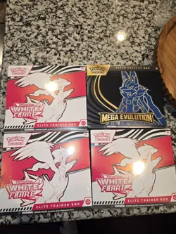 Pokemon White Flare ETB x3 Mega Evolution ETB x1 Sealed No Rips Or Tears - Image 1