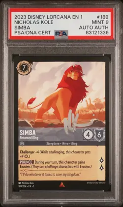 PSA 9 Disney Lorcana Simba Returned King Card 189/204 Signed Auto Nicholas Kole - Image 1