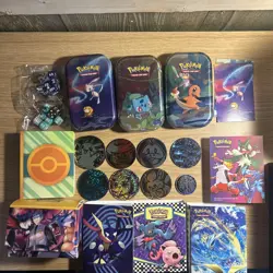 Lot Of Pokemon Collectables 13 Mini Binders, 3 Empty Tins Boss’s Orders Deck Box - Image 1